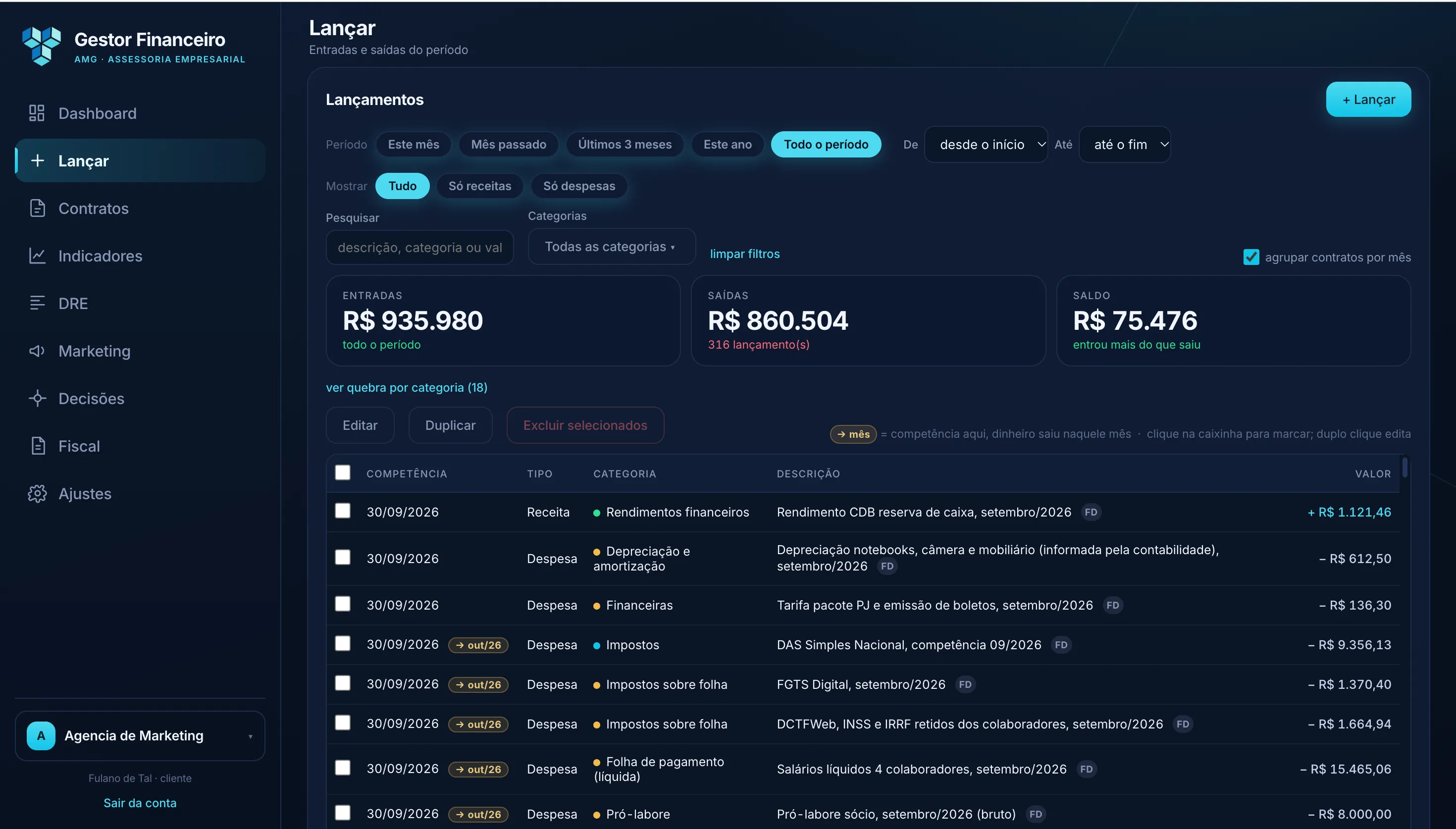 Tela Lançar do Gestor Financeiro AMG: entradas e saídas do período (dados de demonstração)